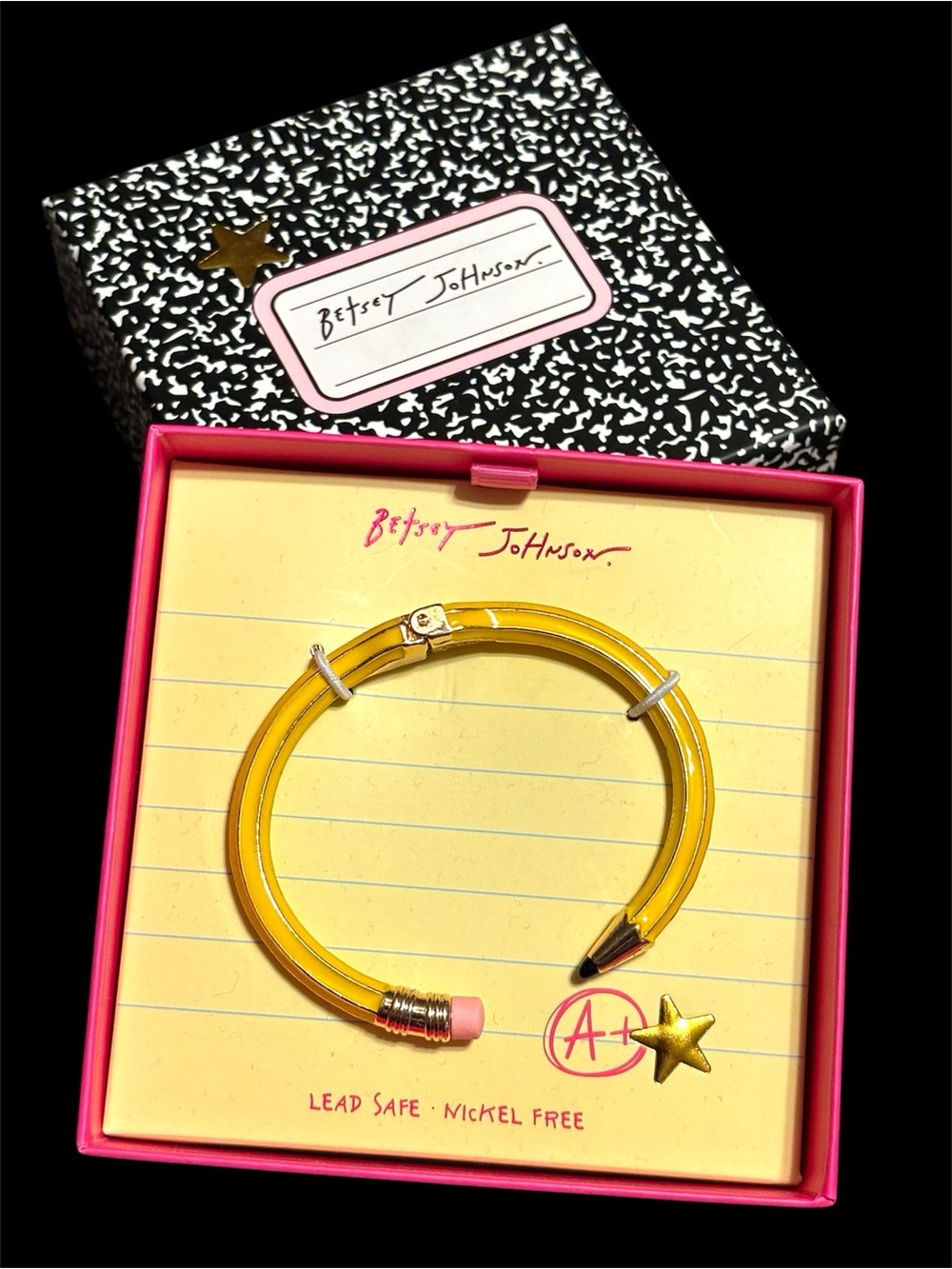 NWT•Betsey Johnson Yellow Pencil Open Hinged Bracelet with Pink Eraser